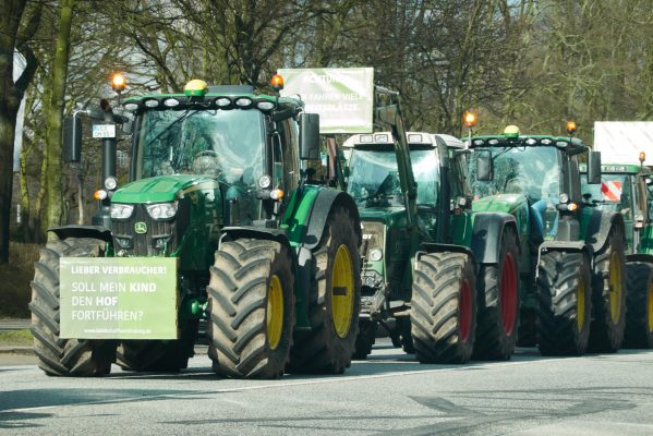 Hamburg, Germany - Marz 5. 2020: Farmers are demonstrating in Hamburg, blocking the streets in the city of Hamburg with their tractors