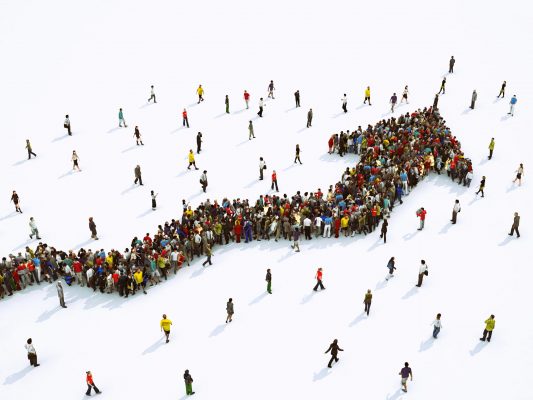 Multitude of people united to form an arrow. 3D Rendering